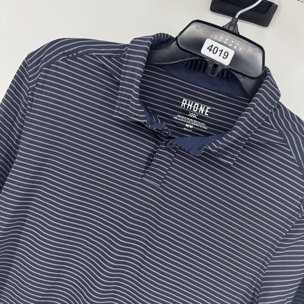 Rhone Polo Shirt Mens Medium Blue Stripe Performance Golf Casual Stretch Summer - Picture 4 of 7